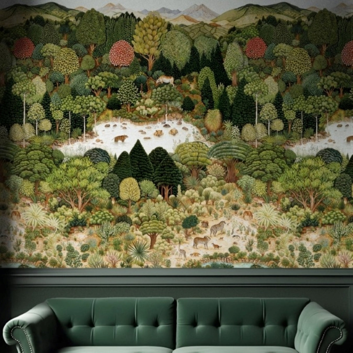 Savanna Canopy Wallpaper – Lush Green & Sand Edition – Available in Printed and Embossed Versions for Artistic Interiors