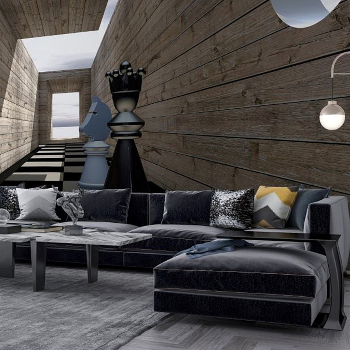 Grandmaster’s Corridor Wallpaper – Surreal 3D Chess Perspective with Industrial Timber Planks