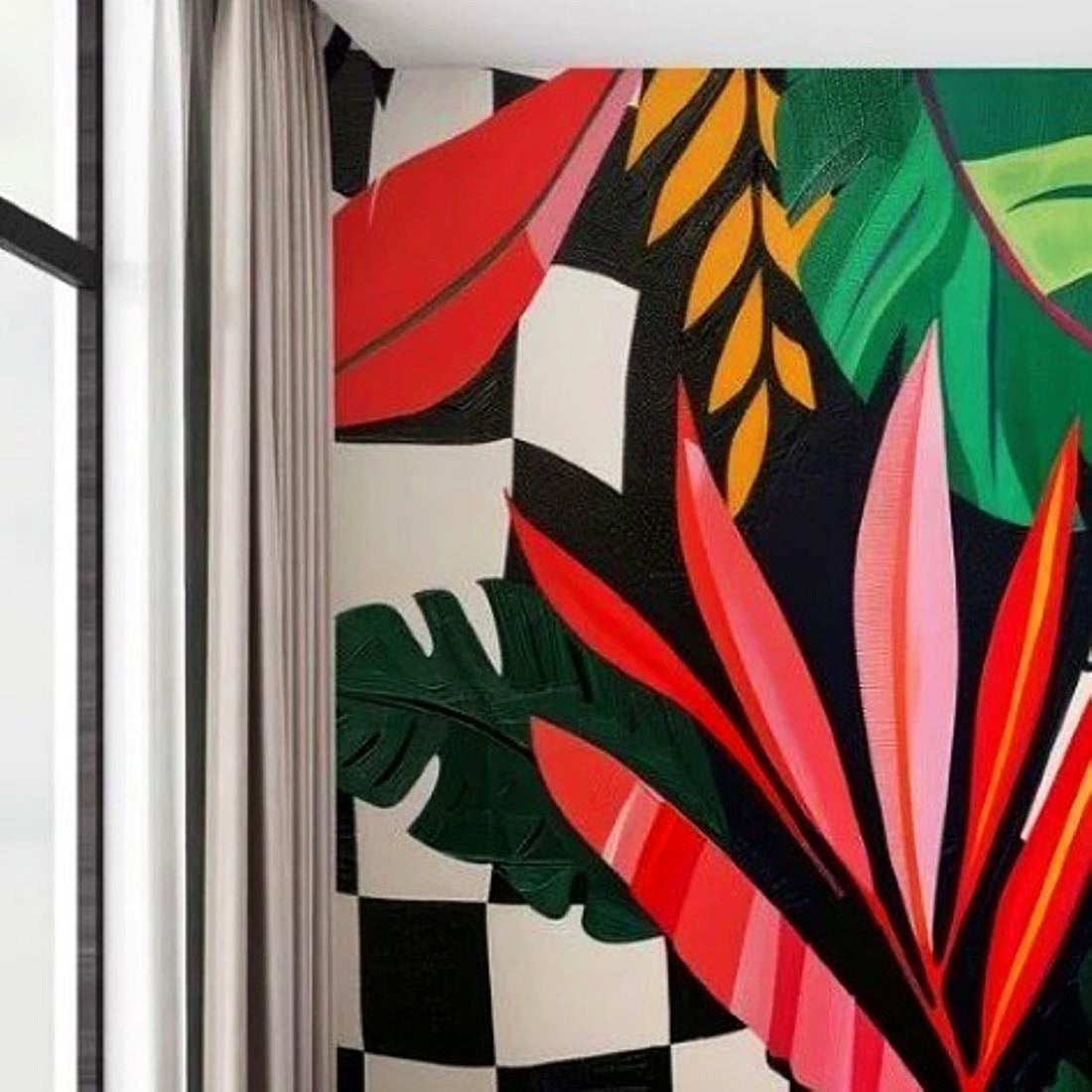 Tropical Leaves On Checkerboard Wallpaper – Bold Botanical Mural for Modern Interiors