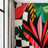 Tropical Leaves On Checkerboard Wallpaper – Bold Botanical Mural for Modern Interiors