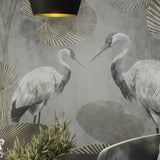 Cranes & Lotus Leaves Wallpaper - Available in Printed and Embossed Versions for Elegant Interiors