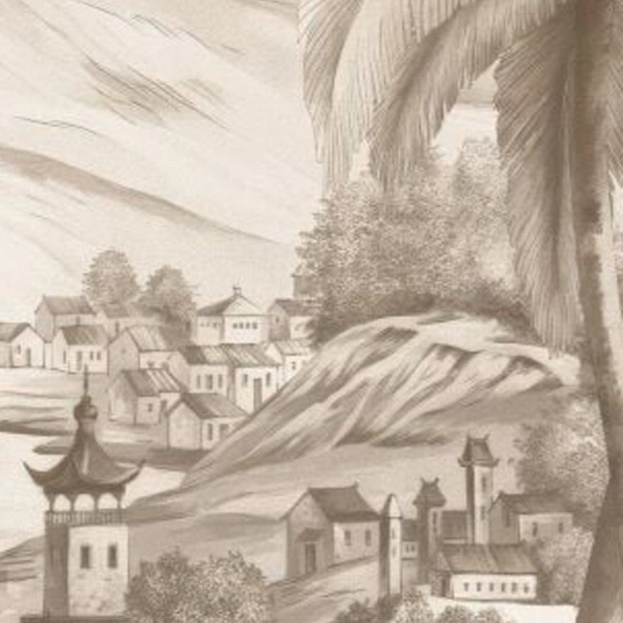 Sepia Tropical Landscape Wallpaper – Vintage Palm & Mountain Mural for Serene Interiors