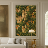 Mural de terraza oriental: disponible en versiones impresas y en relieve para interiores clásicos.