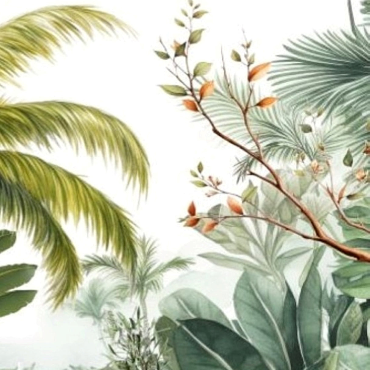 Coconut Tree & Exotic Leaves Wallpaper — Artistic Nature Mural for Contemporary Interiors