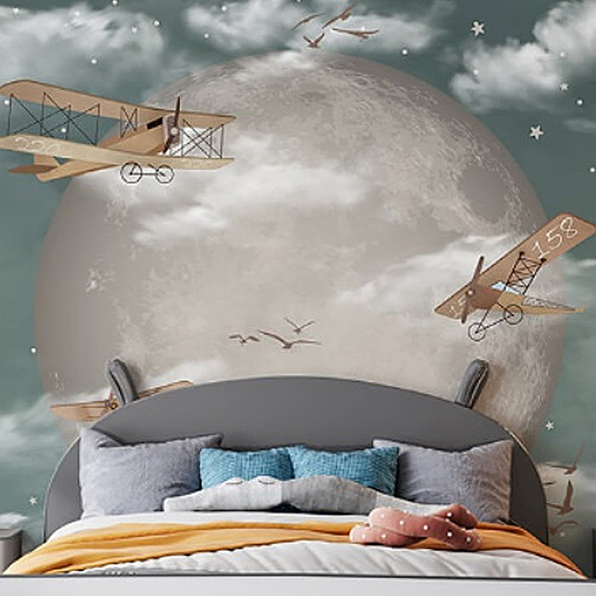 Gliders Around the Moon Wallpaper – Playful Aerospace-Inspired Wall Décor