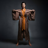 Omna Bronze Unisex Kimono – Geometric Patterned Suede Kimono with Burnished Satin Trim for Modern Refined Elegance