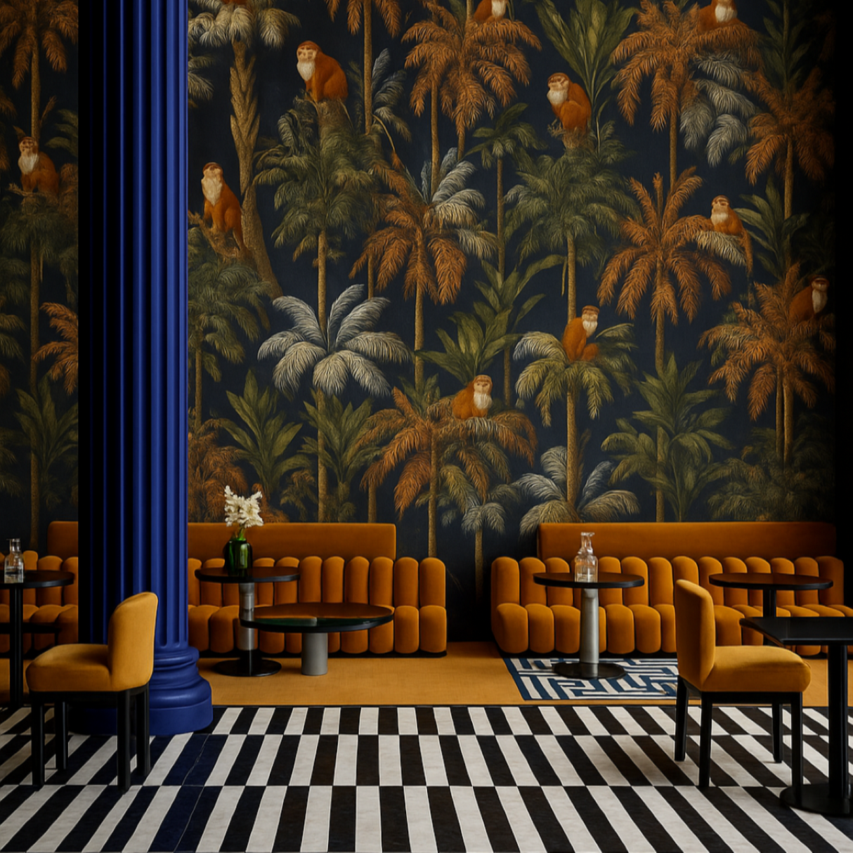 Golden Primates Wallpaper – Copper & Indigo Edition – Available In Printed And Embossed Versions For Eclectic Interiors