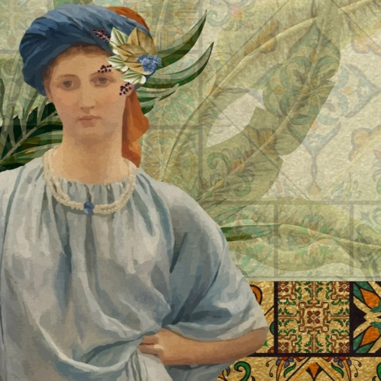 Ancient Ladies with Ornamental Mosaic Wallpaper , Light Green Edition - Elegant Classical Art Mural