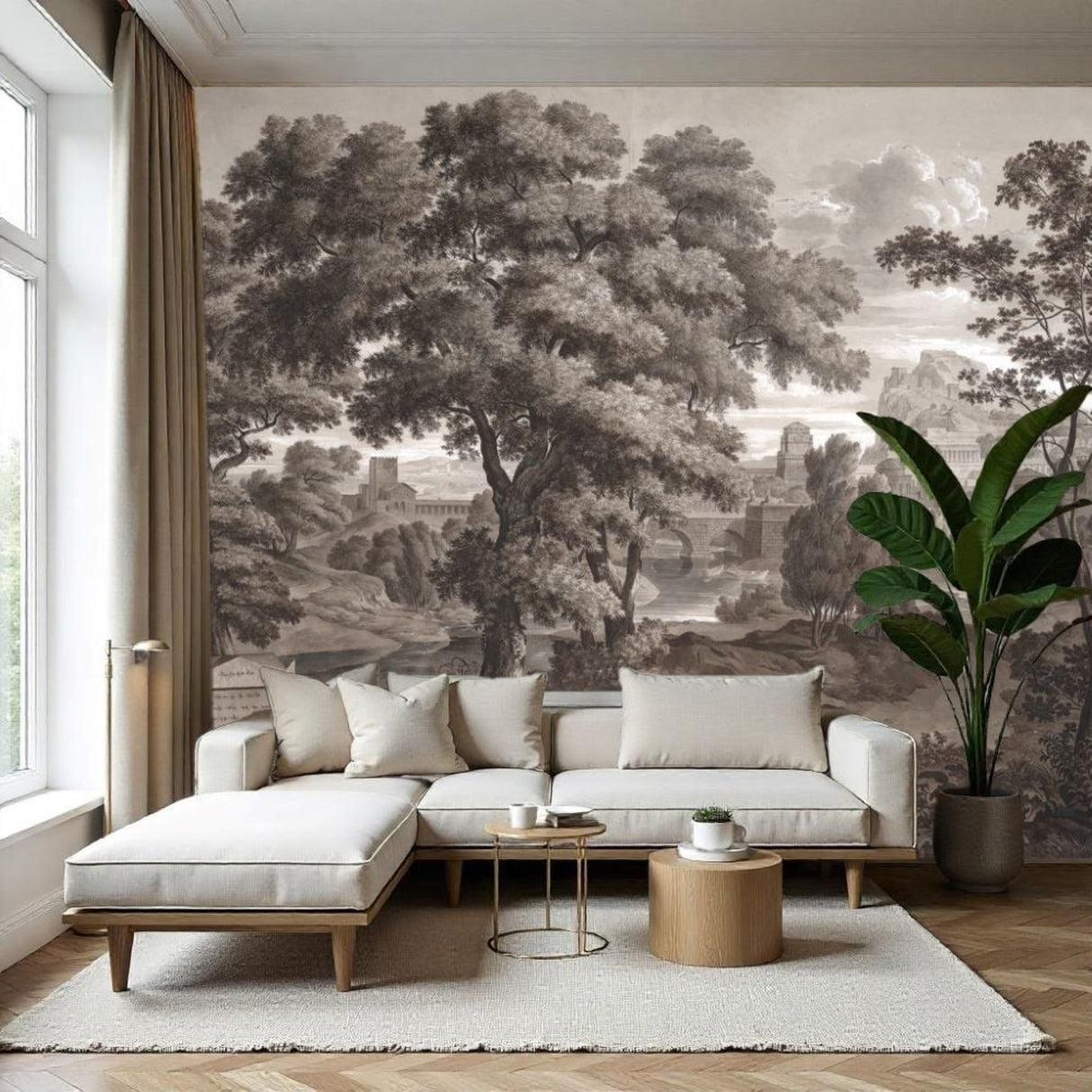 Pine Trees & Historic Bridge Wallpaper – Vintage Nature-Inspired Wall Décor for Timeless Interiors