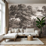 Pine Trees & Historic Bridge Wallpaper – Vintage Nature-Inspired Wall Décor for Timeless Interiors