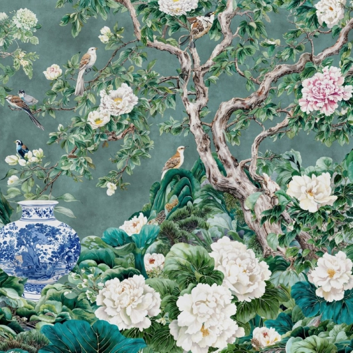 Celadon Garden Wallpaper – Jade & Porcelain Edition – Available In Printed And Embossed Versions For Refined Interiors