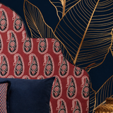 Braxely Red Headboard – Terracotta Polyester Upholstered Headboard with Navy Paisley Pattern and Navy Piping