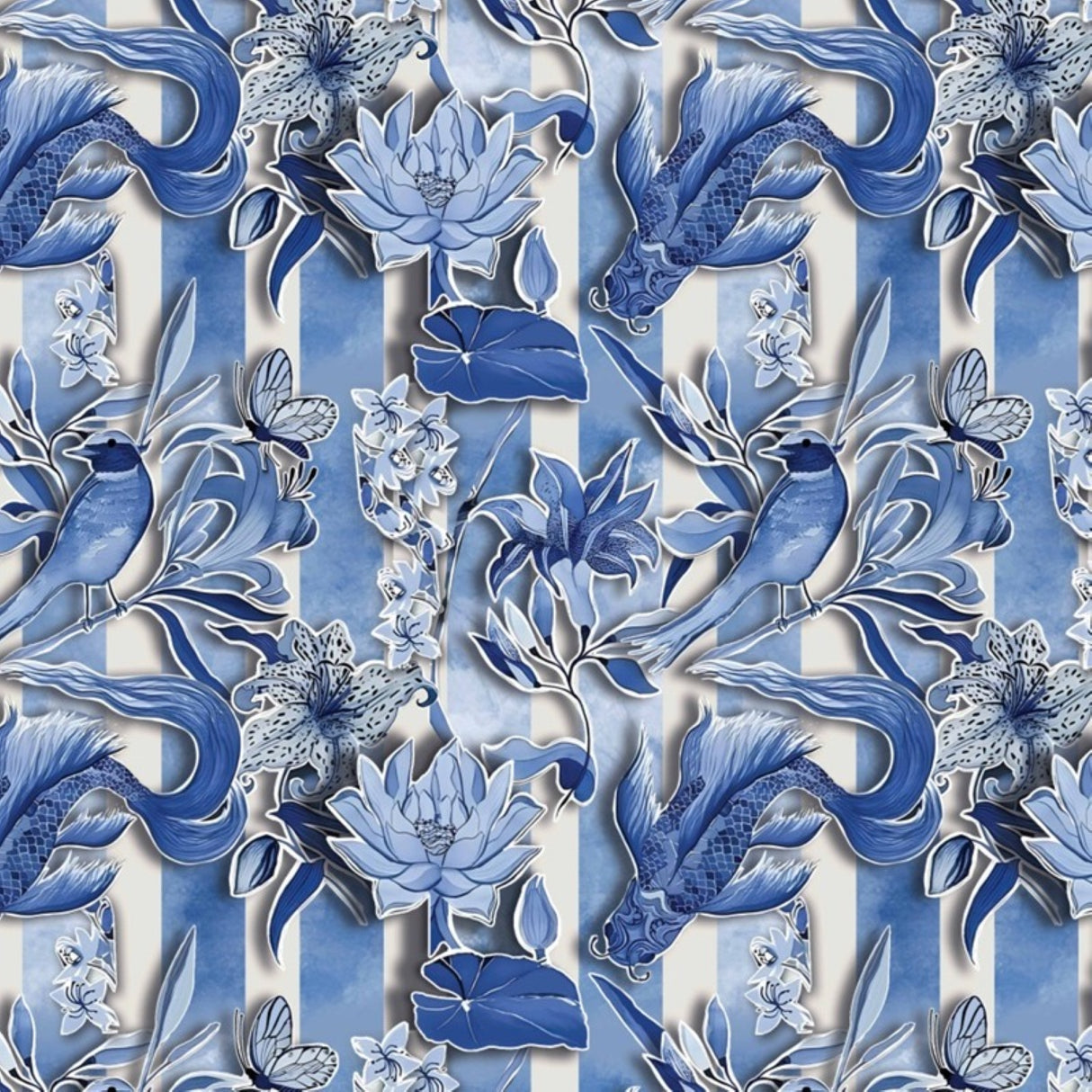 Muse of the Deep Blue Wallpaper – Botanical & Fauna Elegance – Available in Printed and Embossed Versions For Timeless Interiors