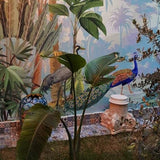 Papel pintado personalizado para exteriores con pavos reales y hojas tropicales: diseño inspirado en la naturaleza