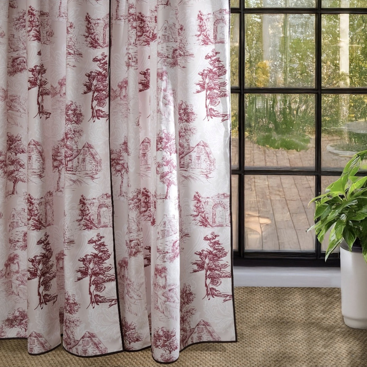 Elro – Pastoral Scenic Drapery Curtain With Deep Berry Motif & Bordeaux Piping – For Classic, Country & Vintage Interiors