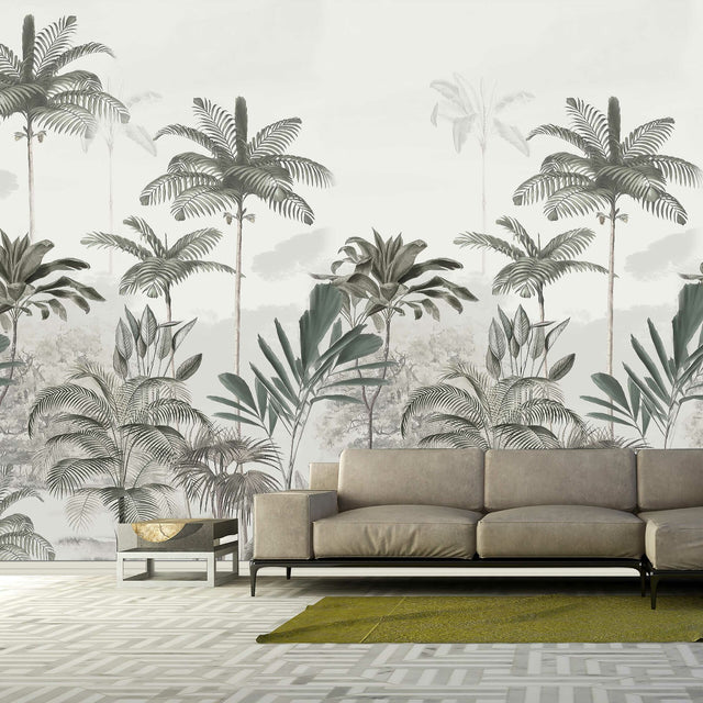 Grey toned tropical palm trees wallpaper design