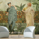 Antique-style women with leaves design wallpaper