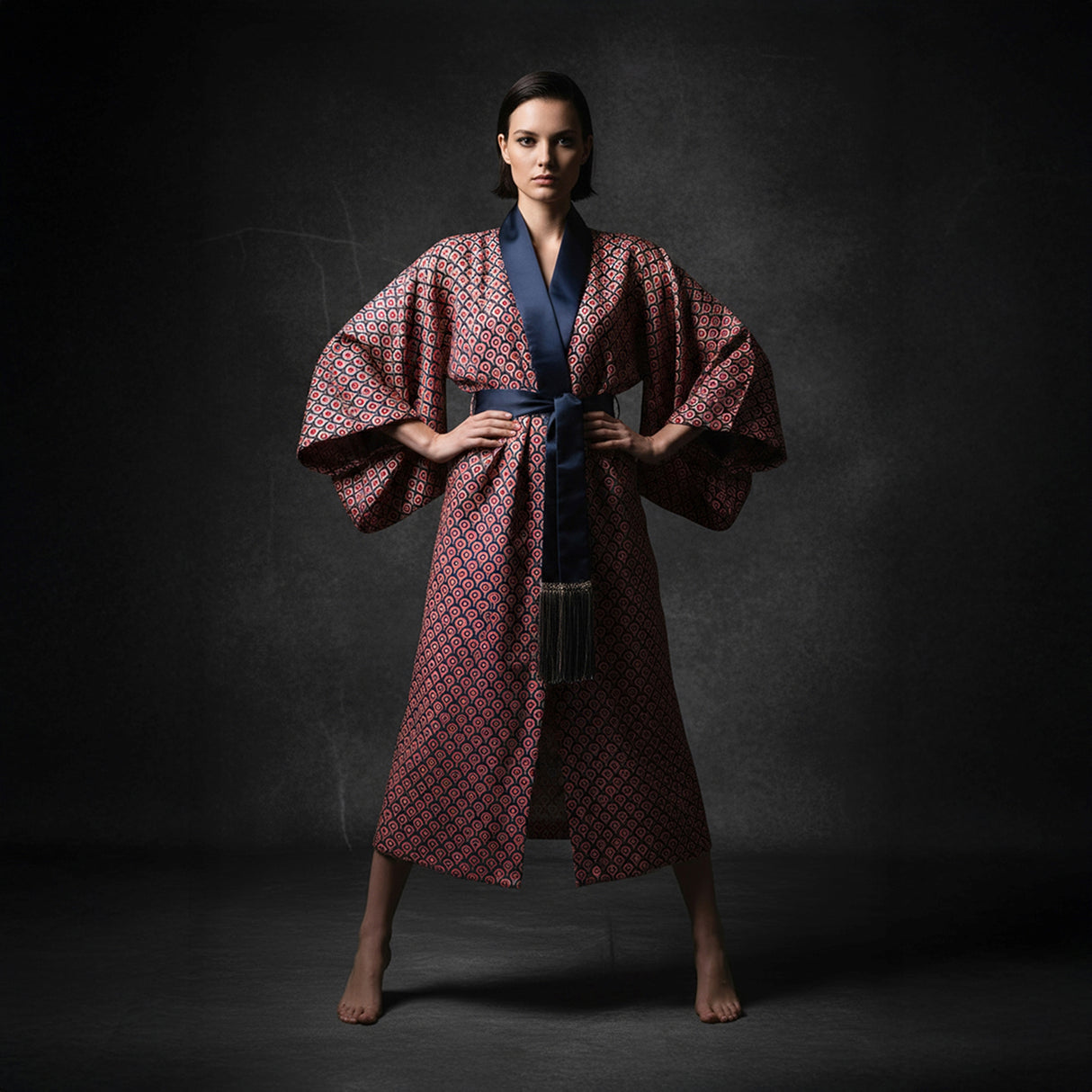Omna Kırmızı Kimono – Modern ve Zamansız Zarafet İçin Geometrik Desenli Süet Kimono, Gece Mavisi Saten Kenar Süslemeli