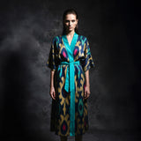 Kamola Unisex Kimono – Handwoven Silk-Cotton Ikat Kimono in Emerald, Fuchsia & Beige for Modern Bohemian Grace
