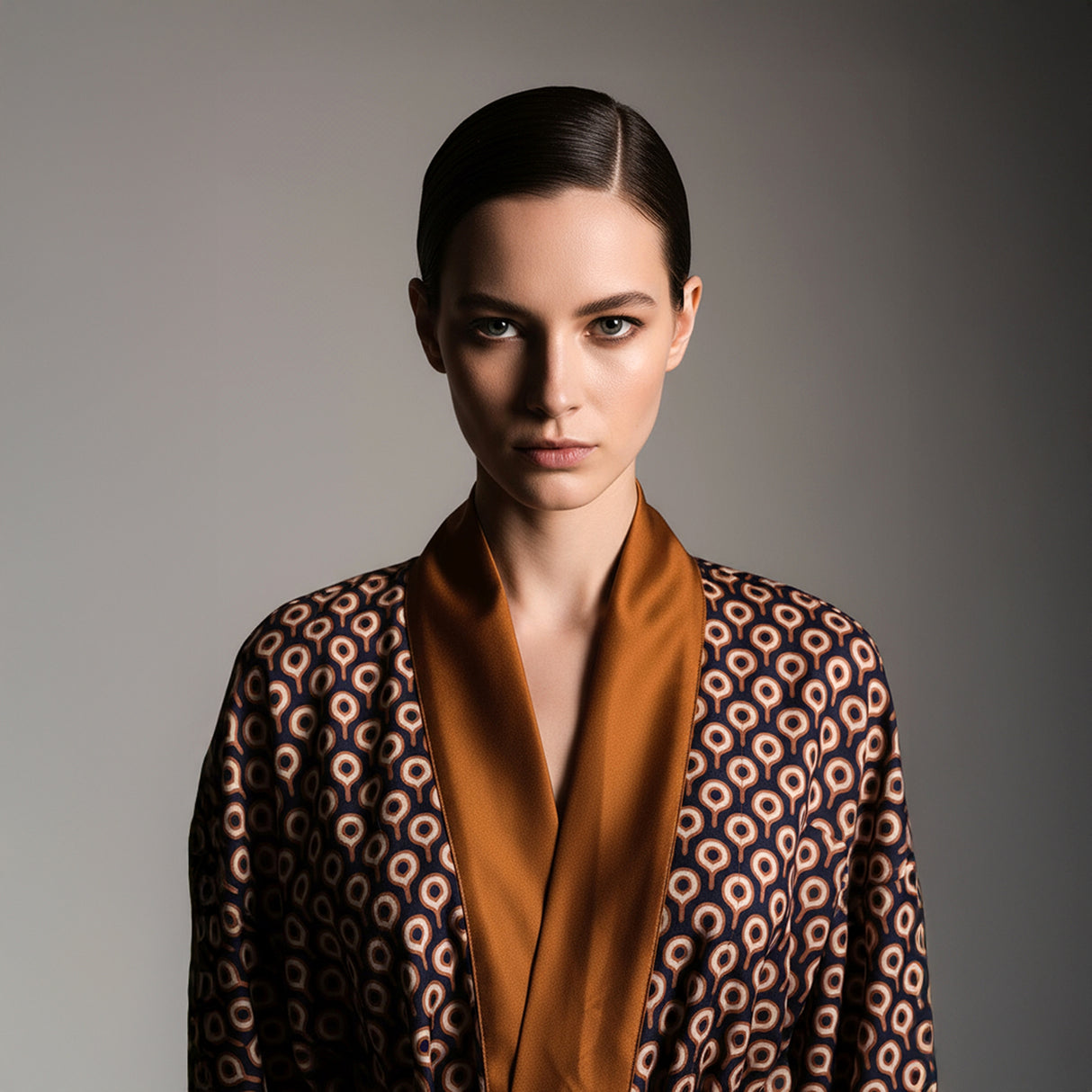 Omna Bronze Unisex Kimono – Geometric Patterned Suede Kimono with Burnished Satin Trim for Modern Refined Elegance