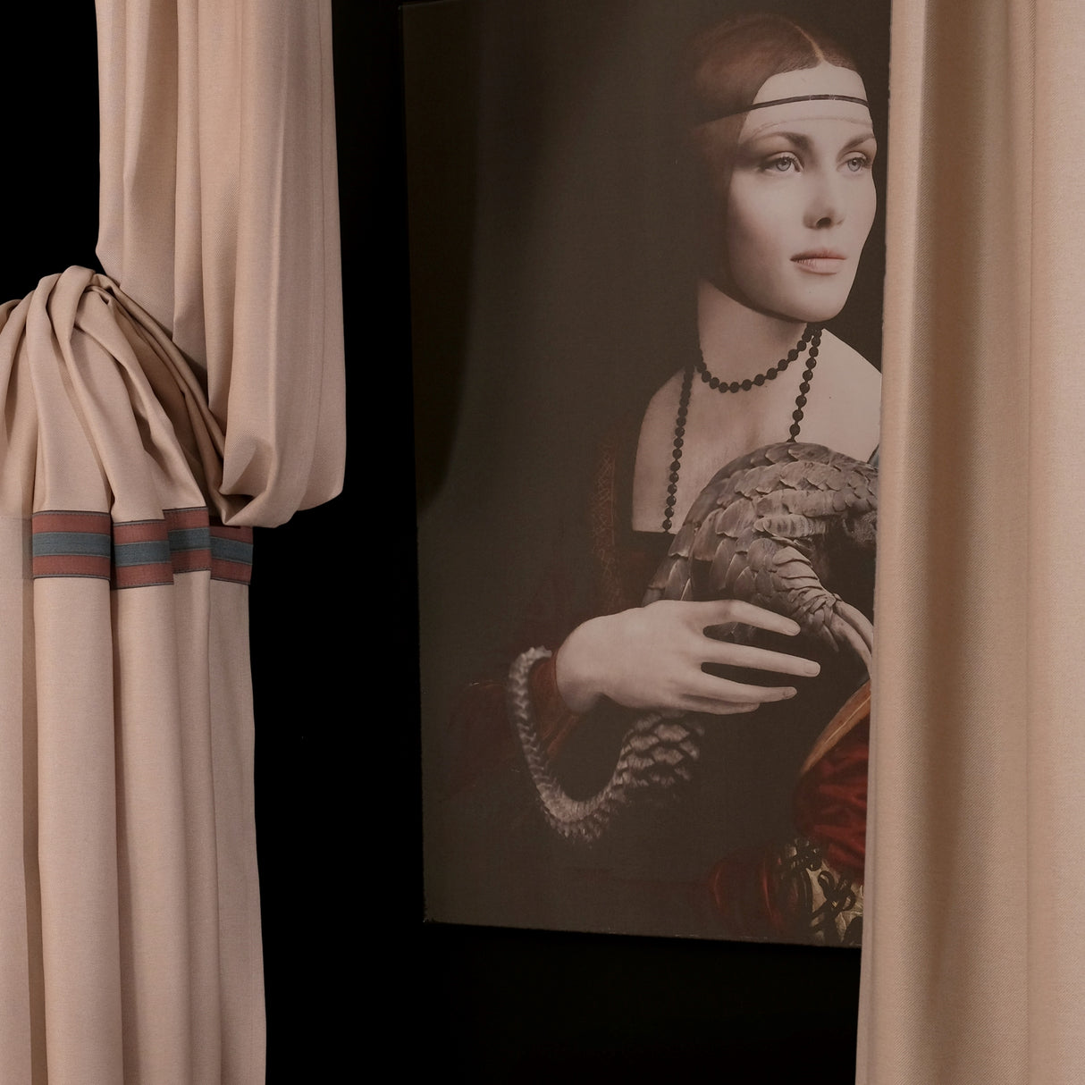 Newra - Beige Polyester Curtain With Terracotta & Steel Blue Stripe – For Sophisticated Interiors