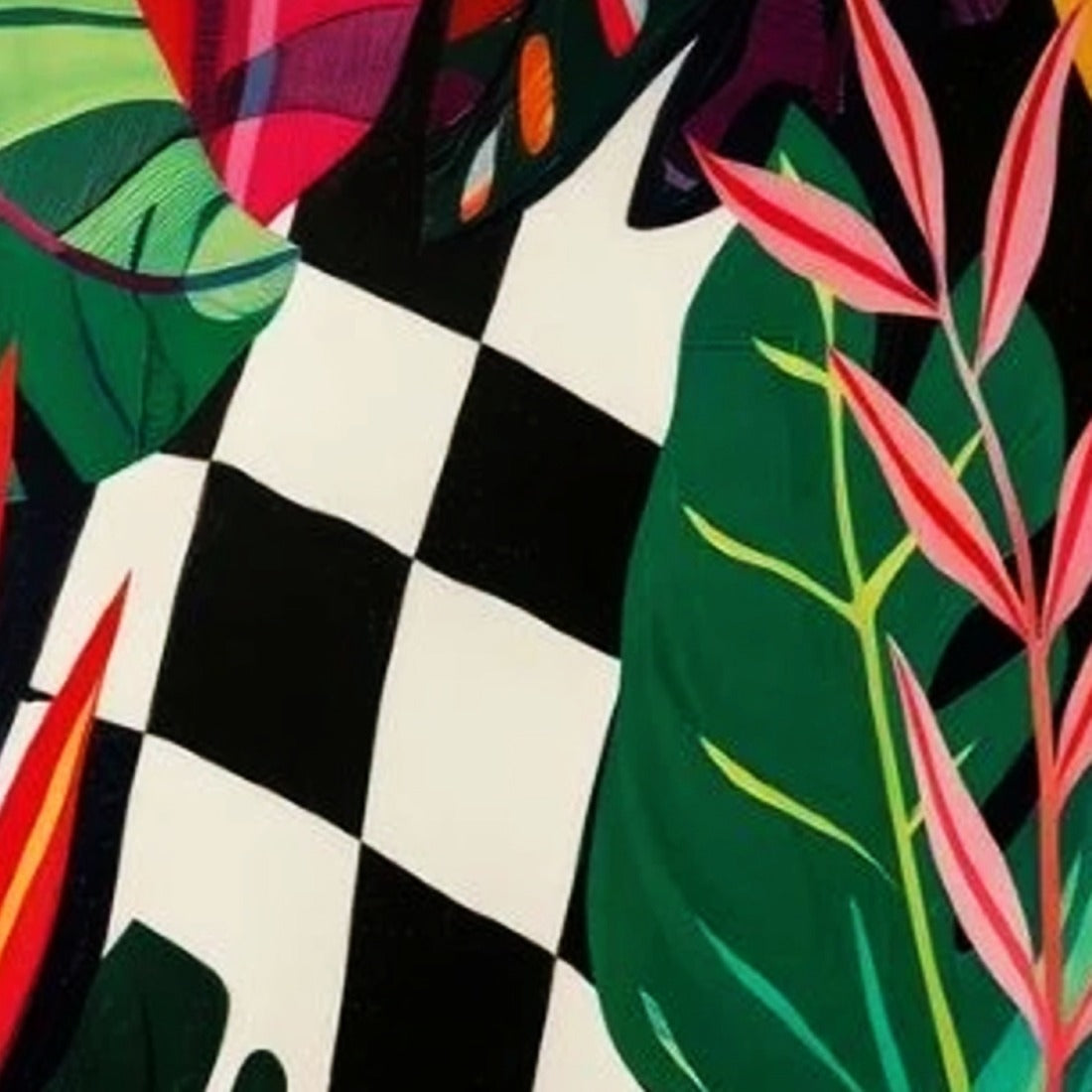 Tropical Leaves On Checkerboard Wallpaper – Bold Botanical Mural for Modern Interiors