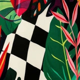 Tropical Leaves On Checkerboard Wallpaper – Bold Botanical Mural for Modern Interiors