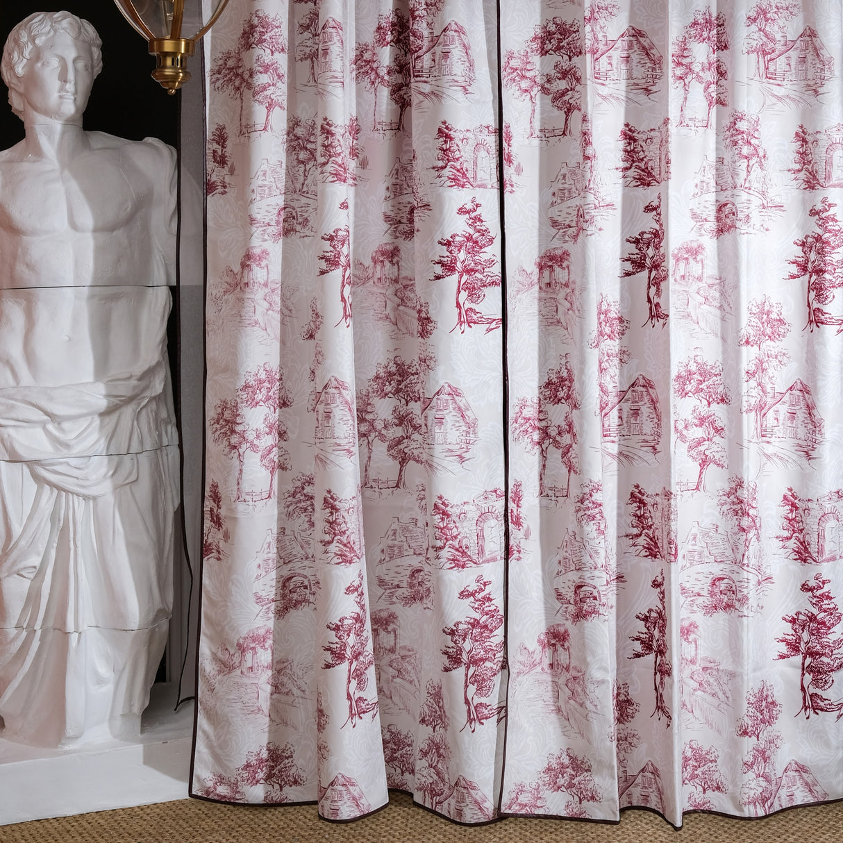 Elro – Pastoral Scenic Drapery Curtain With Deep Berry Motif & Bordeaux Piping – For Classic, Country & Vintage Interiors