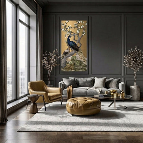 Golden Peacocks - Chinoiserie Luxury Frameless 3D Embossed Wallpaper Art Panel