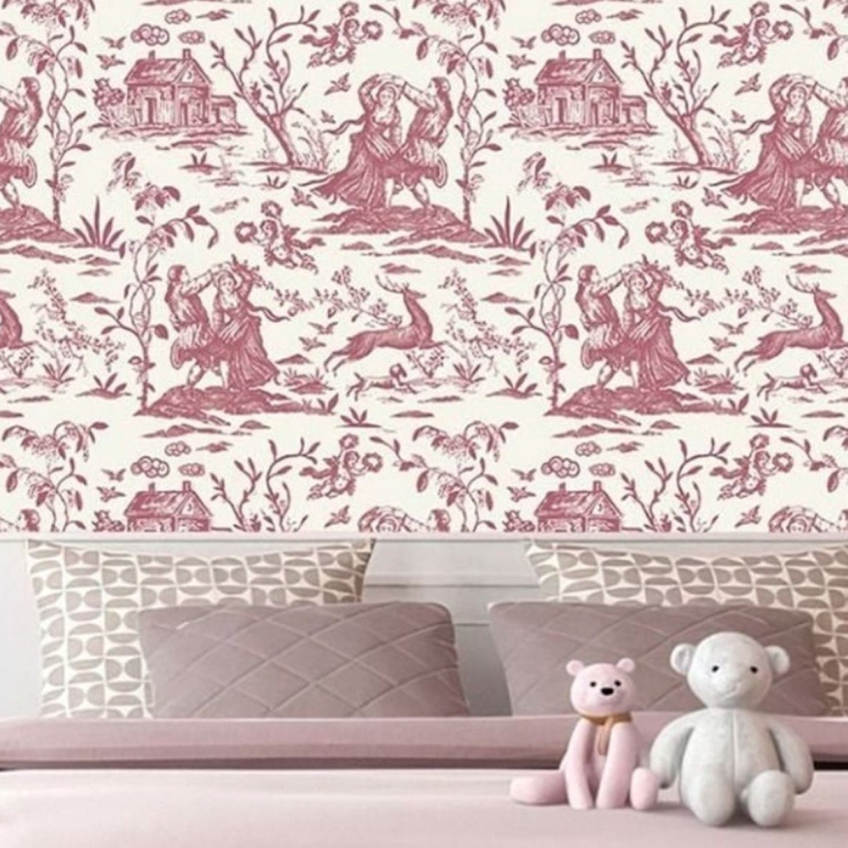 Vintage Pembe ve Fildişi Desenli Duvar Kağıdı – Zarif İç Mekanlar İçin Sanatsal Pastoral Tasarım
