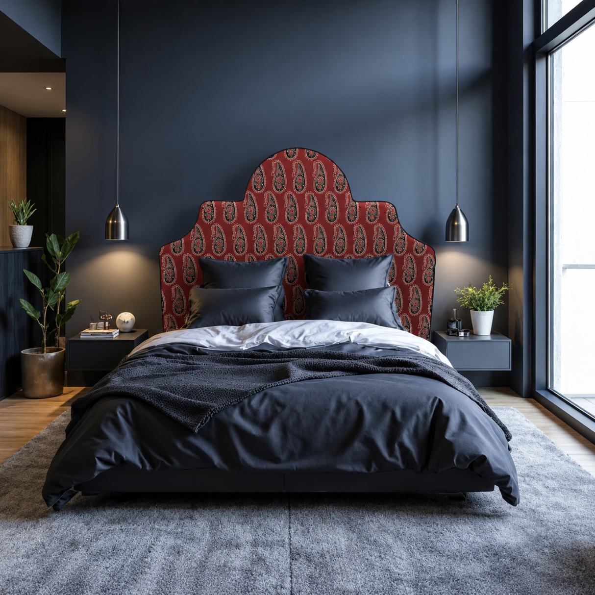 Braxely Red Headboard – Terracotta Polyester Upholstered Headboard with Navy Paisley Pattern and Navy Piping