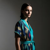 Kamola Unisex Kimono – Handwoven Silk-Cotton Ikat Kimono in Emerald, Fuchsia & Beige for Modern Bohemian Grace