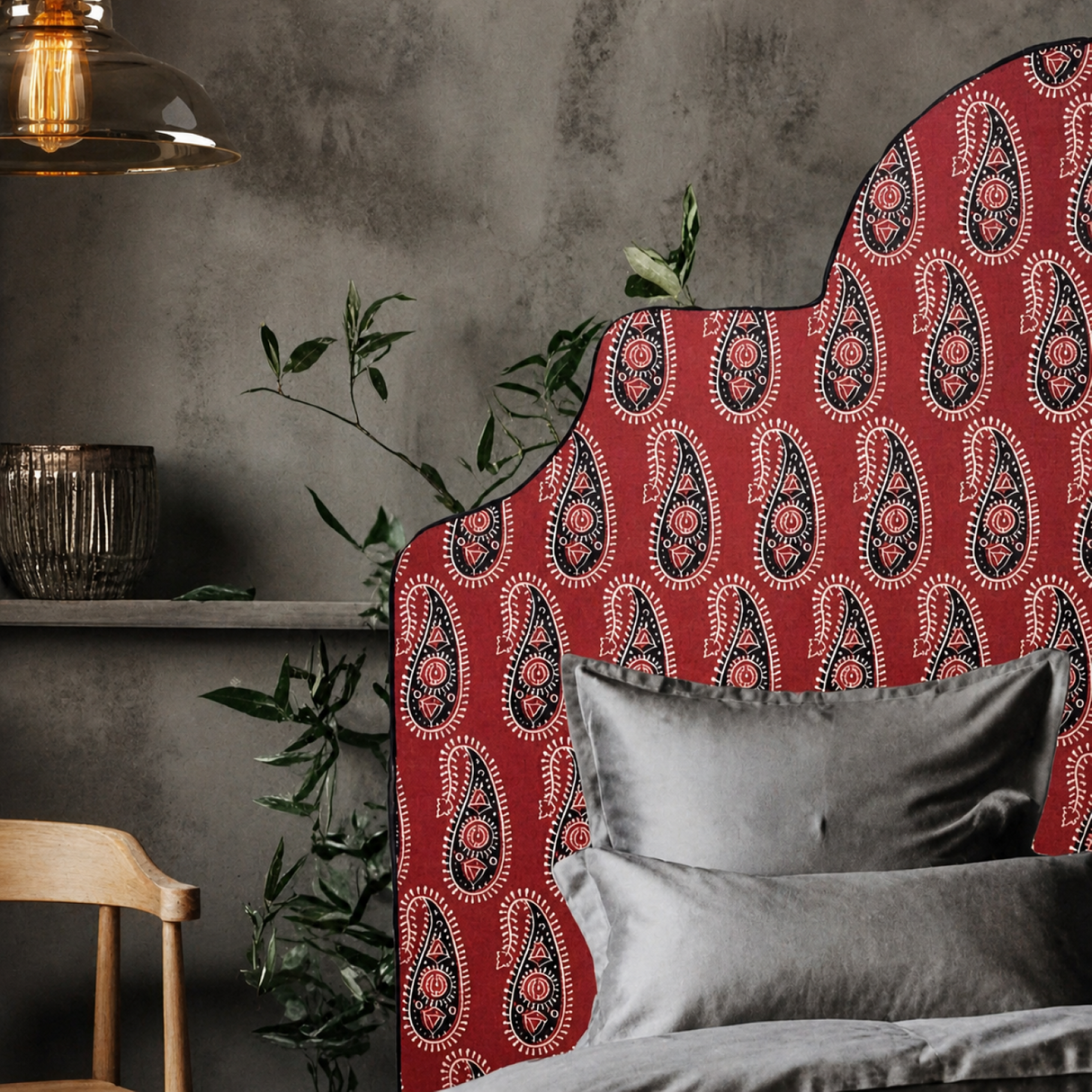 Braxely Red Headboard – Terracotta Polyester Upholstered Headboard with Navy Paisley Pattern and Navy Piping