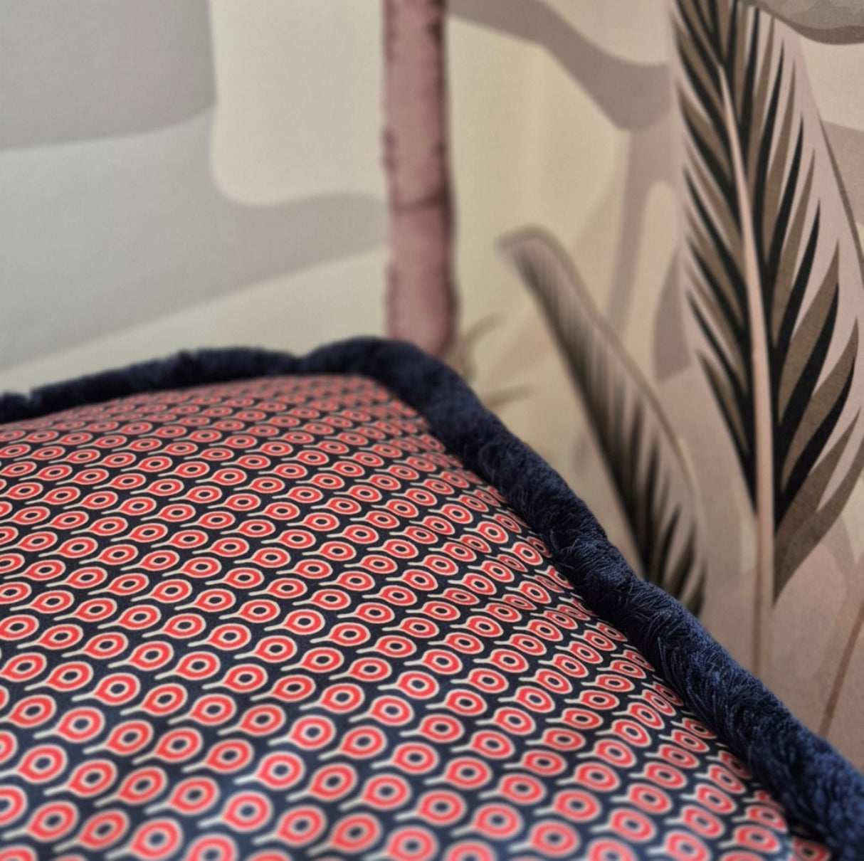 Omna Red Pouf – Handmade Ottoman Seat with Velvet Polyester Fabric Geometric Pattern