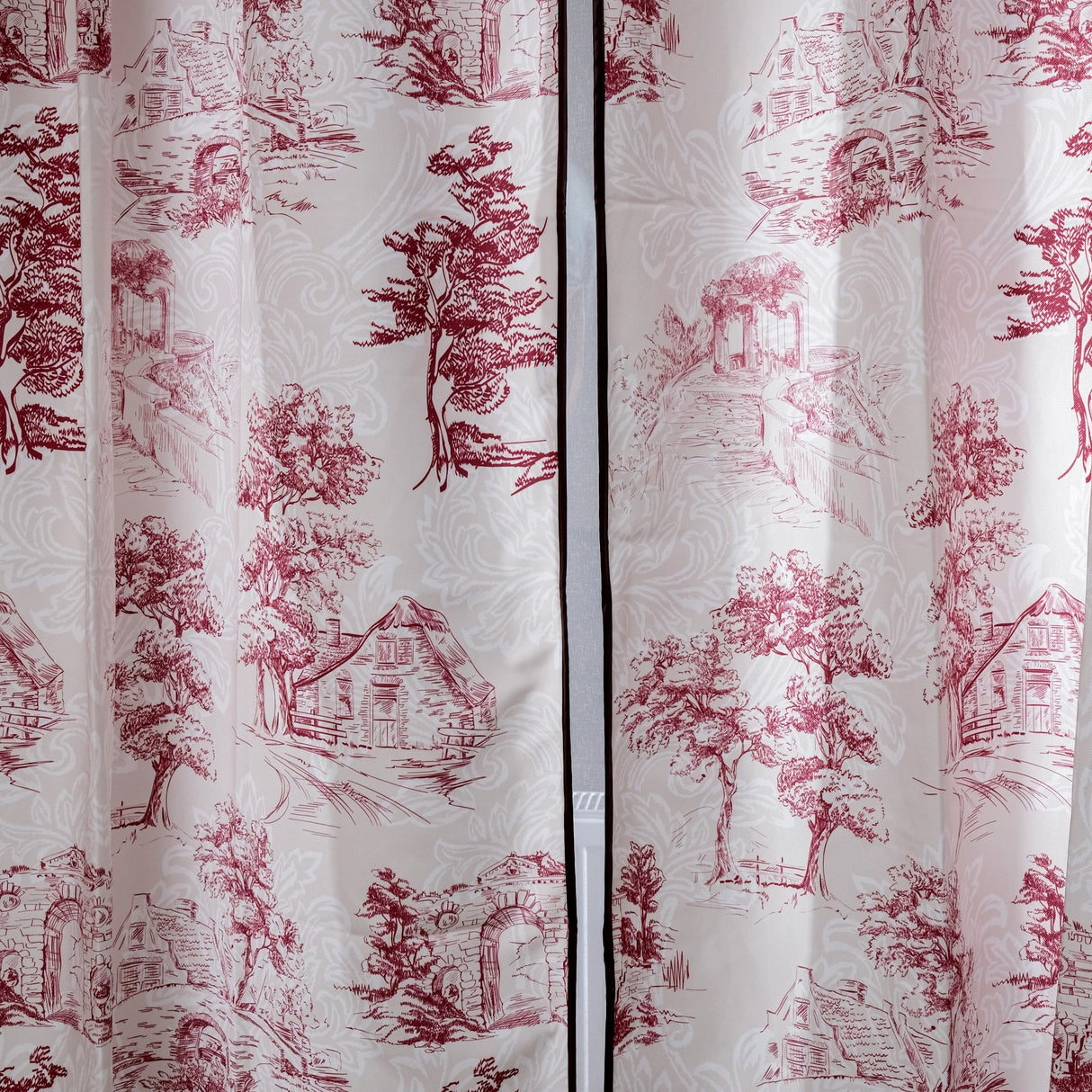 Elro – Pastoral Scenic Drapery Curtain With Deep Berry Motif & Bordeaux Piping – For Classic, Country & Vintage Interiors