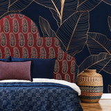Braxely Red Headboard – Terracotta Polyester Upholstered Headboard with Navy Paisley Pattern and Navy Piping
