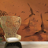 Crimson Sky & Storks Sketch Wallpaper, Featured in the Series: "Tale Of Ashes" – Pastoral Elegant Design