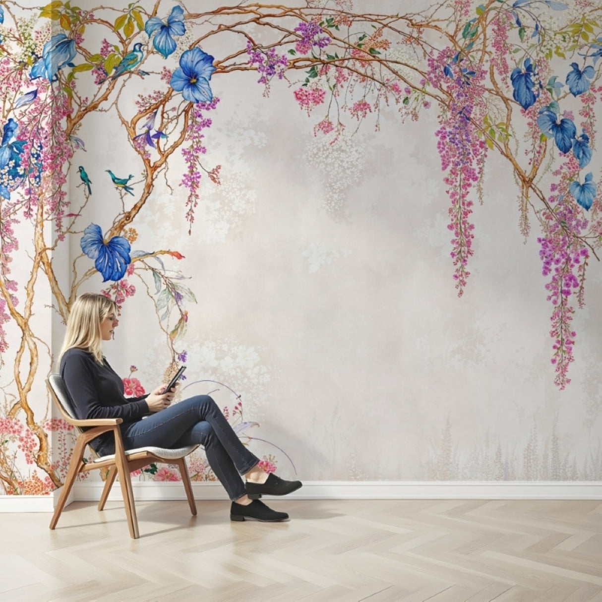 Cascading Wisteria Garden Wallpaper – Hand-Painted Elegance with Blue Blossoms and Songbirds
