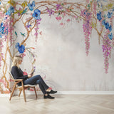 Cascading Wisteria Garden Wallpaper – Hand-Painted Elegance with Blue Blossoms and Songbirds