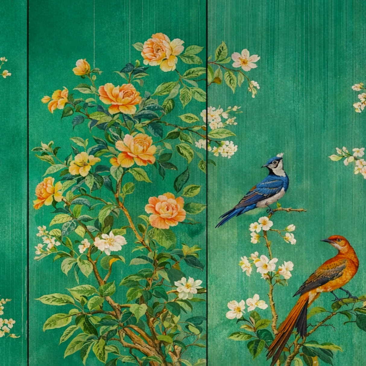 Emerald Aviary Chinoiserie Wallpaper – Available in Printed and Embossed Versions for Sophisticated Interiors