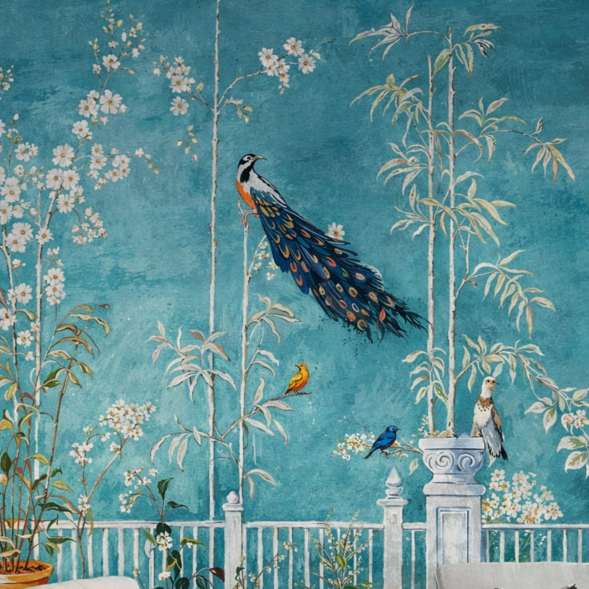 Turquoise Peacock Garden Chinoiserie Wallpaper – Available in Printed and Embossed Versions for Elegant Interiors