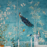 Turquoise Peacock Garden Chinoiserie Wallpaper – Available in Printed and Embossed Versions for Elegant Interiors