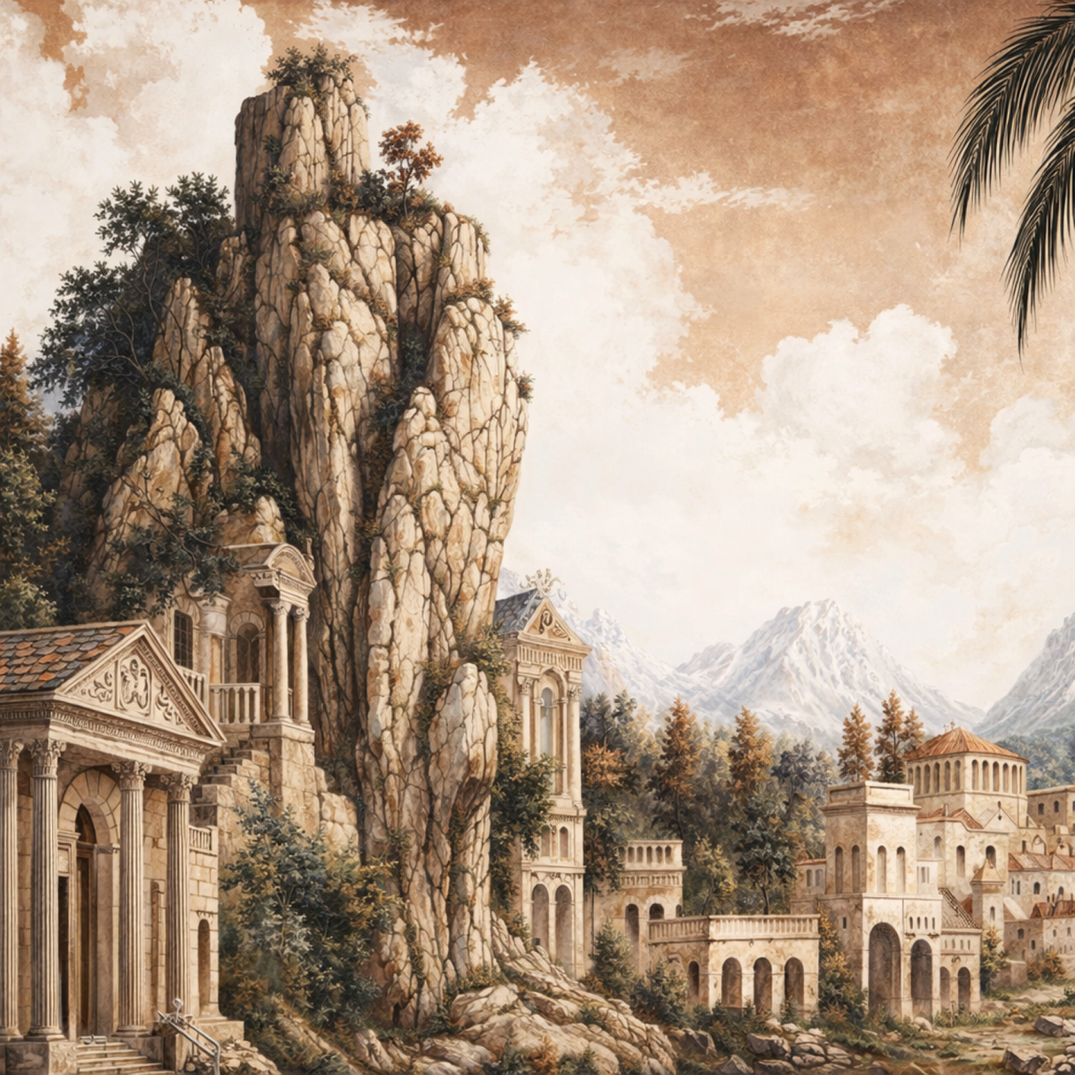 Papel pintado Ancient Riviera: mural arquitectónico pintado a mano para interiores clásicos