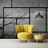 Papel pintado de ramas de árboles invernales y gaviotas: mural minimalista de naturaleza para interiores modernos