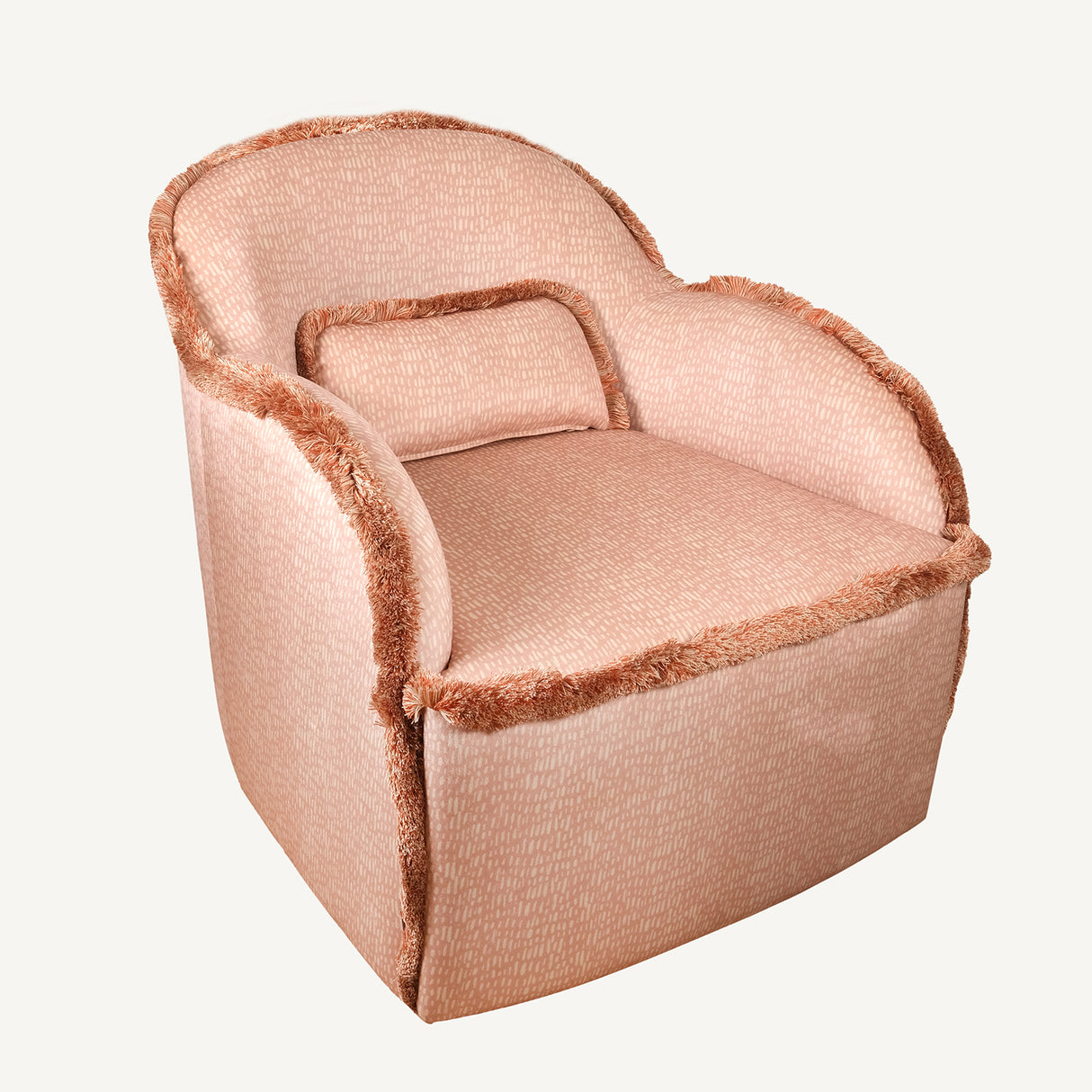 Pembe Koltuk – Polyester Kadife Kumaşlı, Geometrik Desenli Ahşap Koltuk