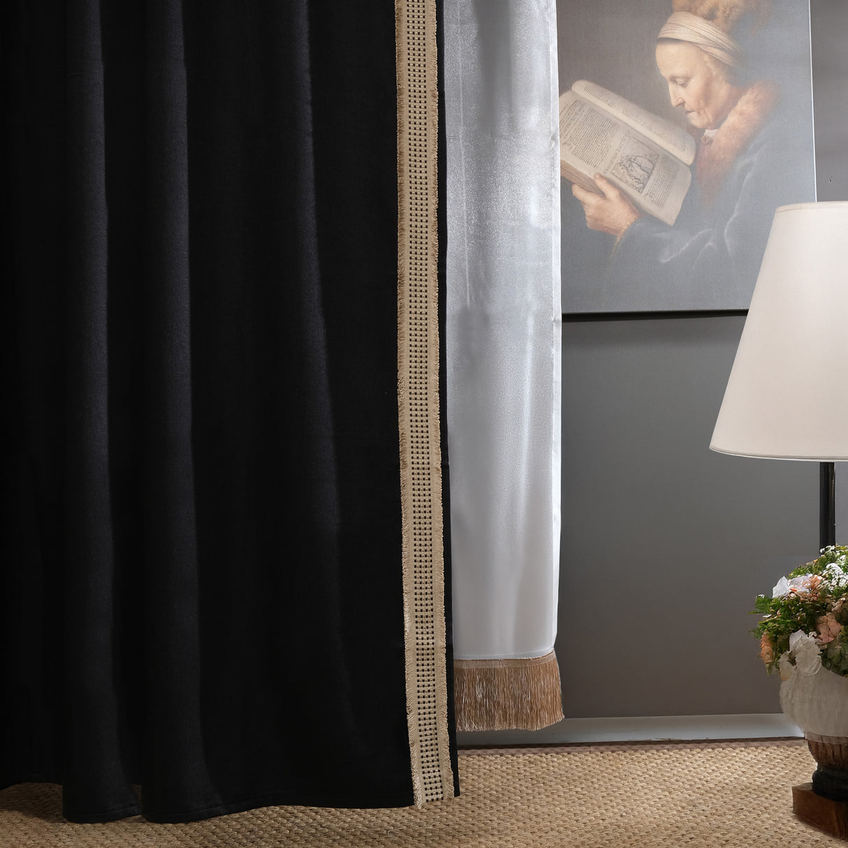 Ferge – Black Drapery Curtain With Luxury Gold Tassel Border – For Classic & Modern Sophisticated Interiors