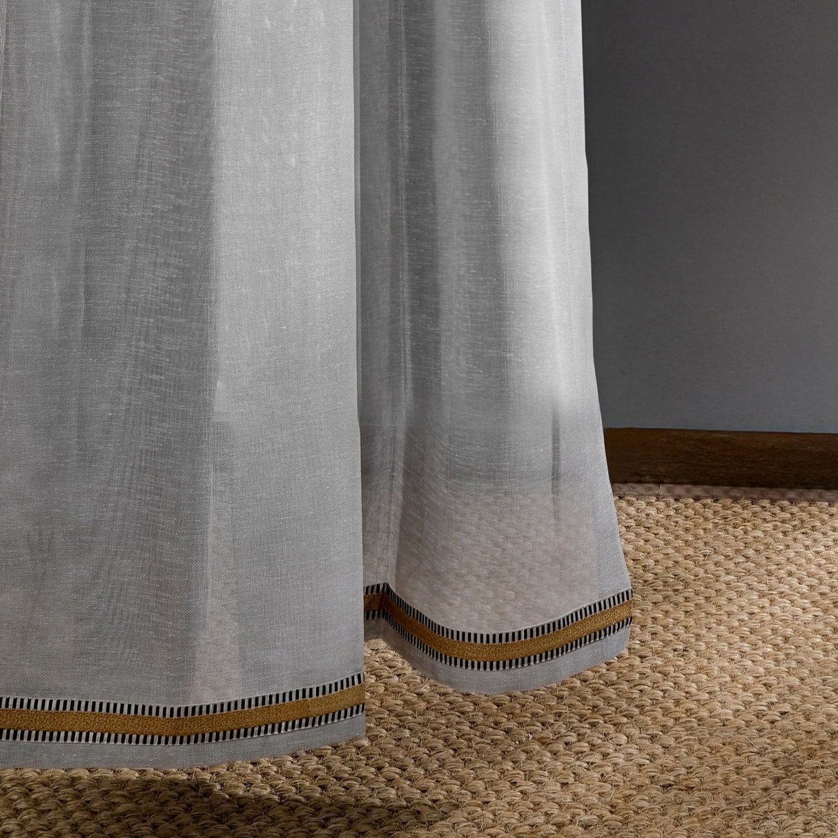 Sauro - Mustard Bouclé Line Sheer Linen-Look Curtain With Premium Mustard Bouclé Trim – For Stylish Contemporary Interiors