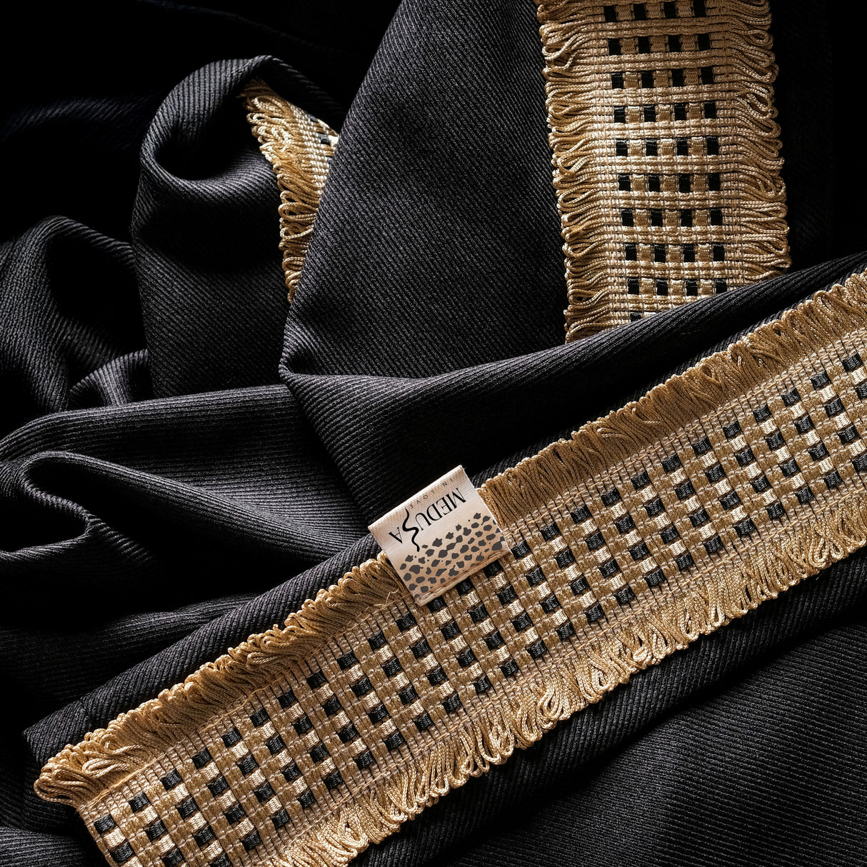 Ferge – Black Drapery Curtain With Luxury Gold Tassel Border – For Classic & Modern Sophisticated Interiors