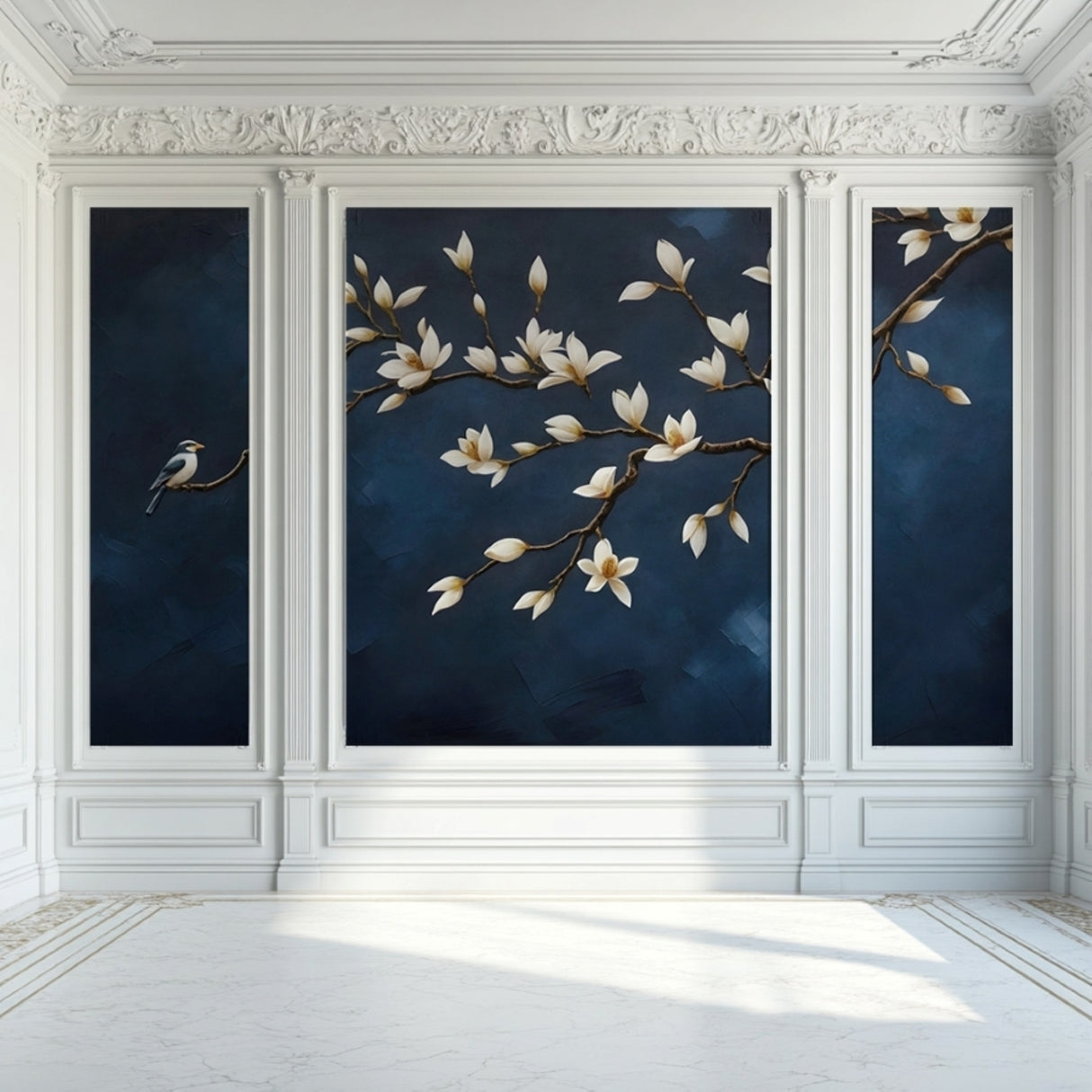 Midnight Magnolia Wallpaper – Elegant Floral Mural with Bird Motif for Serene Interiors