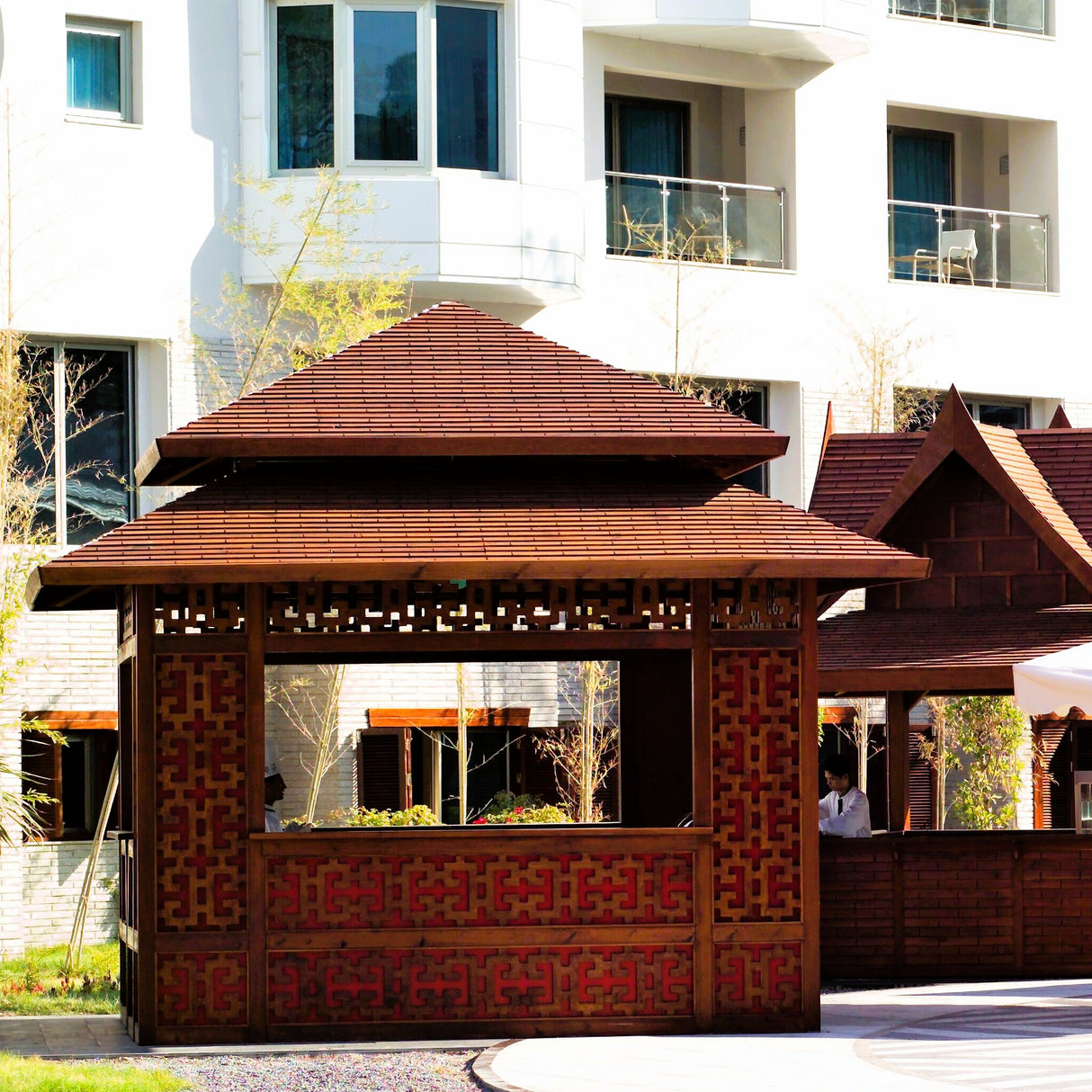Outdoor Wooden Gazebos With Marble Tables & Stools Design & Fit-Out Works -Asian-Inspired Dining Spaces